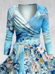 Floral Art Print V-Neck Long Sleeve Two-Piece Retro Midi Dress