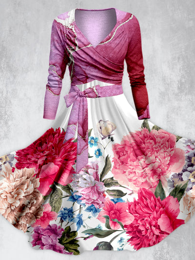 Retro Floral Art Print V-Neck Long Sleeve Two-Piece Midi Dress