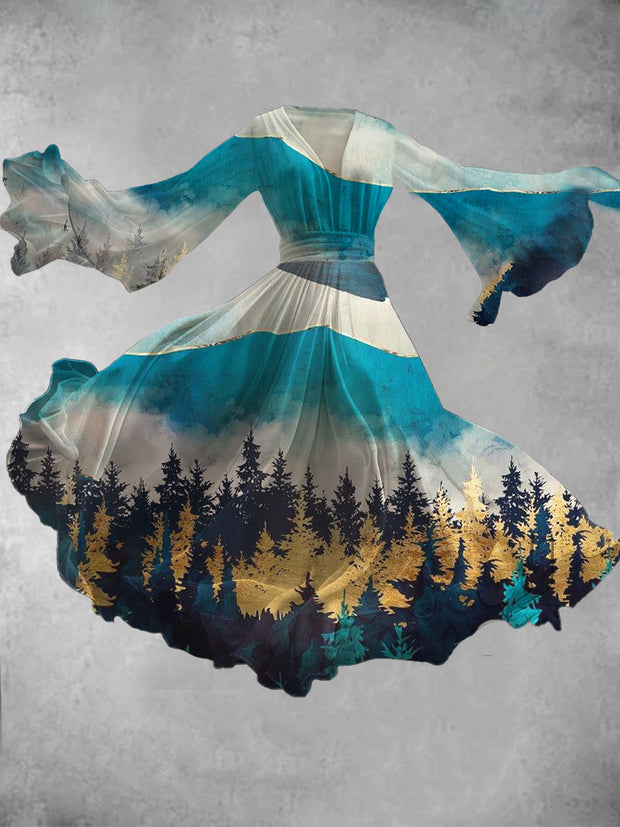 Abstract Landscape Painting Art Print Retro V-Neck Long Sleeve Elegant Midi Dress