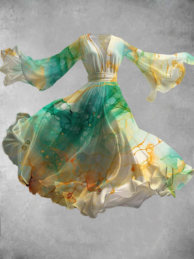 Abstract Marble Ombre Art Print Retro V-Neck Long Sleeve Flowy Midi Dress
