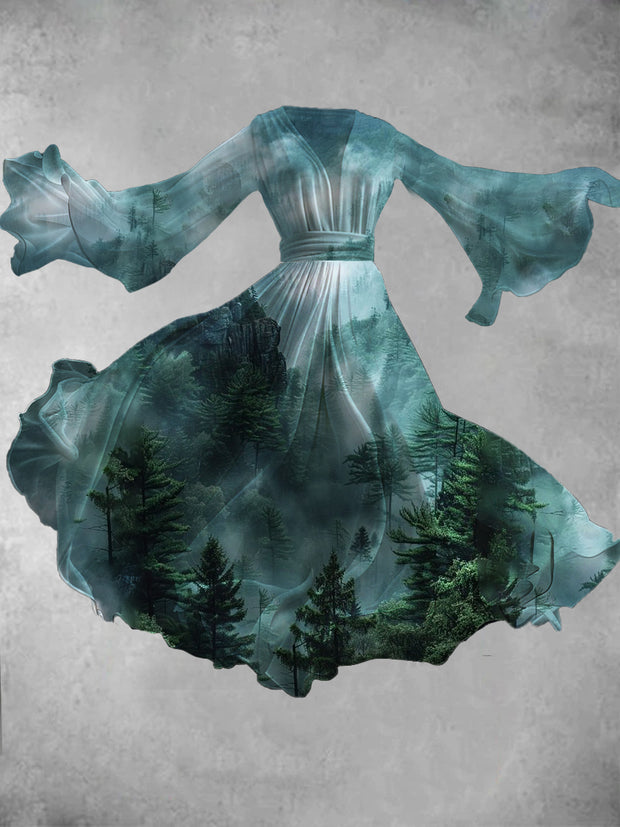 Abstract Landscape Painting Art Print Retro V-Neck Long Sleeve Elegant Midi Dress