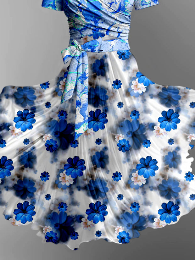 Fantasy Floral Art Print Vintage V-Neck Short Sleeve Two-Piece Midi Dress