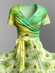 Green Floral Art Print Vintage V-Neck Short Sleeve Two-Piece Midi Dress