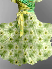 Green Floral Art Print Vintage V-Neck Short Sleeve Two-Piece Midi Dress