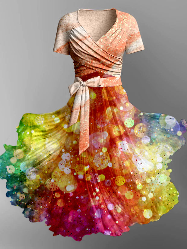 Fantasy Abstract Color Print Vintage V-Neck Short Sleeve Two-Piece Midi Dress