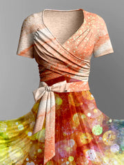 Fantasy Abstract Color Print Vintage V-Neck Short Sleeve Two-Piece Midi Dress