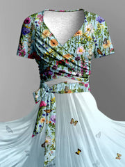 Retro Floral Art Print Vintage V-Neck Short Sleeve Two-Piece Midi Dress