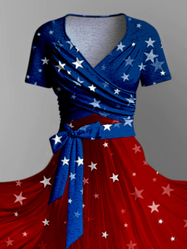 Retro Star Print Vintage V-Neck Short Sleeve Two-Piece Midi Dress