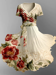 Retro Floral Art Print V-Neck Short Sleeve Two-Piece Vintage Midi Dress
