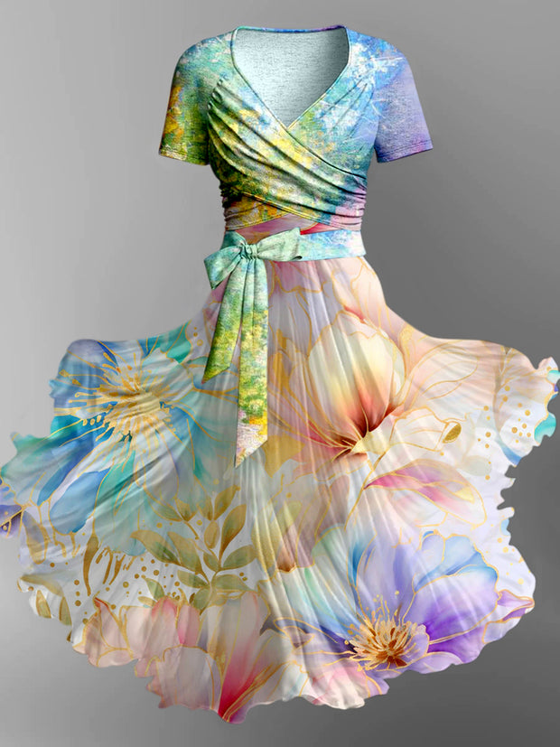 Fantasy Floral Art Print Vintage Short Sleeve Two-Piece Midi Dress