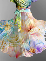 Fantasy Floral Art Print Vintage Short Sleeve Two-Piece Midi Dress