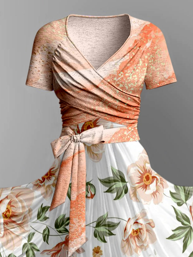 Fantasy Floral Art Print Vintage V-Neck Short Sleeve Two-Piece Midi Dress