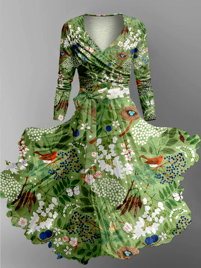 Green Plants Floral Art Print Retro Long Sleeve Two-Piece Midi Dress