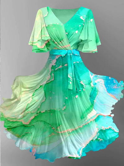 Abstract Color Print V-Neck Vintage Short Sleeve Midi Dress