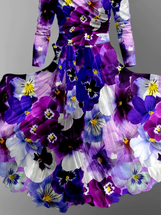 Orchid Floral Art Print Vintage V-Neck Long Sleeve Two-Piece Midi Dress