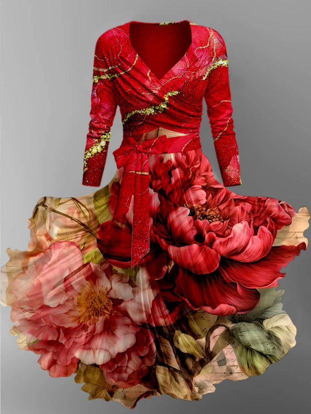 Red Floral Art Print Retro V-Neck Long Sleeve Two-Piece Midi Dress