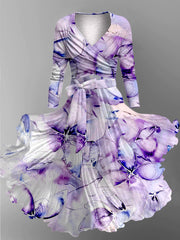 Floral Art Print V-Neck Long Sleeve Two-Piece Retro Midi Dress