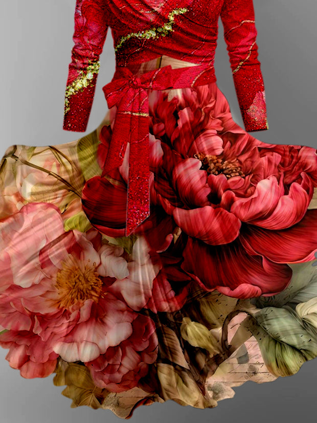 Red Floral Art Print Retro V-Neck Long Sleeve Two-Piece Midi Dress