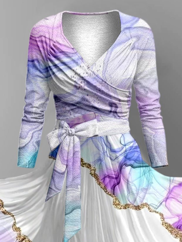 Abstract Color Tie Dye Print Vintage V-Neck Long Sleeve Two-Piece Midi Dress