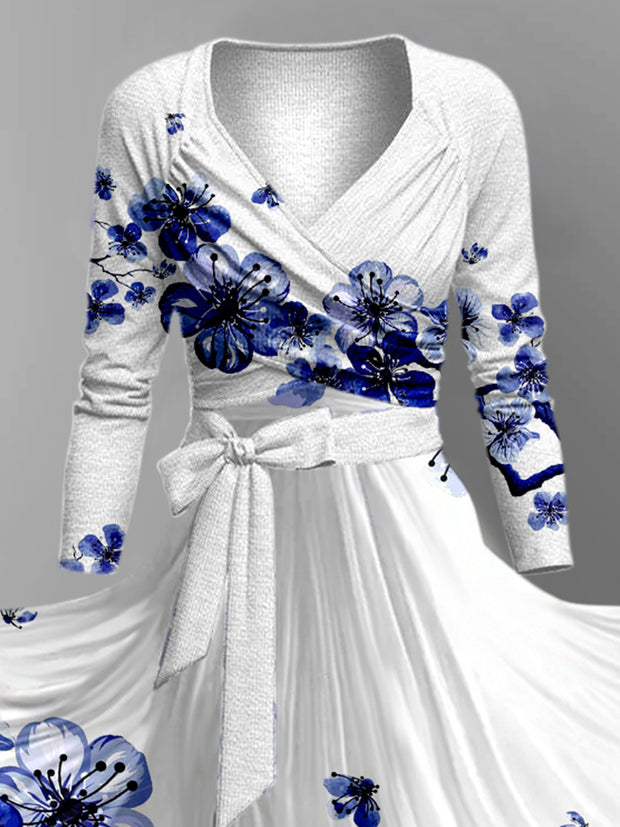 Blue Floral Art Print V-Neck Long Sleeve Two-Piece Retro Midi Dress