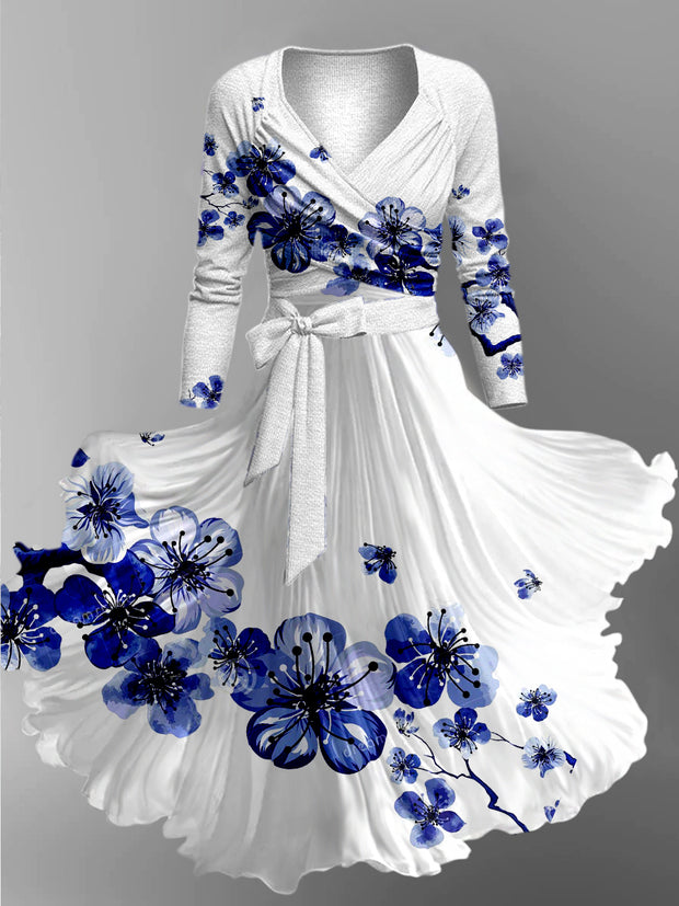 Blue Floral Art Print V-Neck Long Sleeve Two-Piece Retro Midi Dress