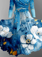 Blue Floral Art Print Vintage V-Neck Long Sleeve Two-Piece Midi Dress
