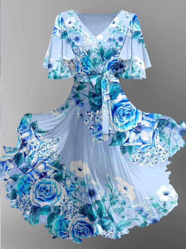 Retro Floral Art Print Chic V-Neck Short Sleeve Midi Dress