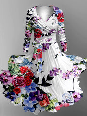 Floral Art Print Vintage V-Neck Long Sleeve Two-Piece Midi Dress