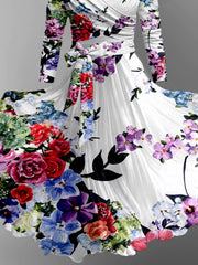 Floral Art Print Vintage V-Neck Long Sleeve Two-Piece Midi Dress