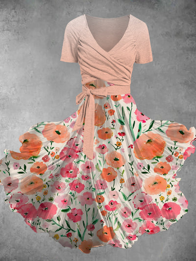 Vintage Floral Art Printed Vintage Cross-Fold Short Sleeve Two-Piece Midi Dress