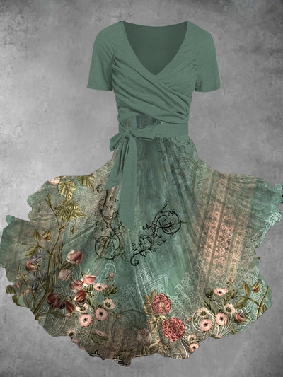 Vintage Floral Art Print V-Neck Short Sleeve Two-Piece Midi Dress