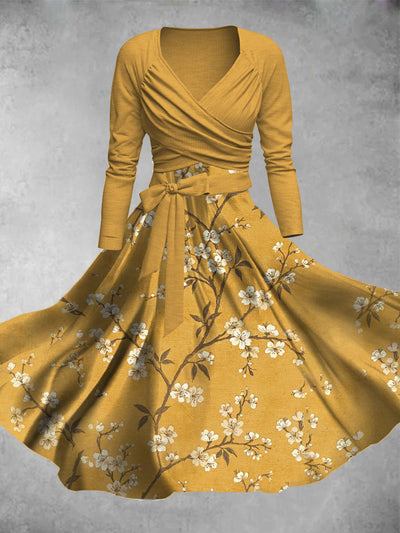 Yellow Floral Art Print Vintage V-Neck Long Sleeve Two-Piece Midi Dress