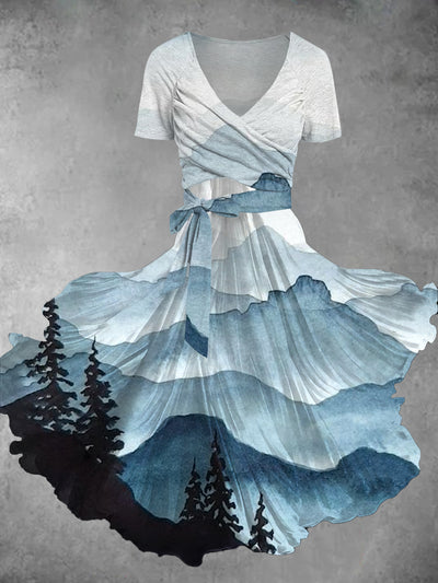 Retro Landscape Art Printed Retro Cross Fold Short Sleeve Two Piece Midi Dress