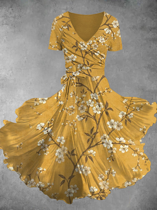 Yellow Floral Art Print Retro V-neck Short Sleeve Two-Piece Midi Dress