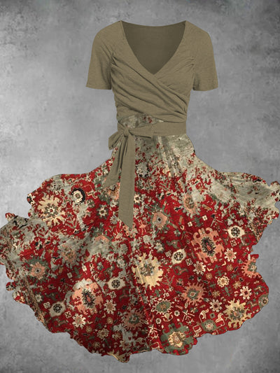 Vintage Art Printed Vintage Cross-Fold Short Sleeve Two-Piece Midi Dress