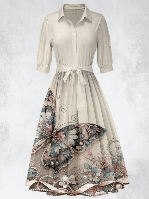 Retro Butterfly Floral Print 50's Short Sleeve Lapel Collar Maxi Dress
