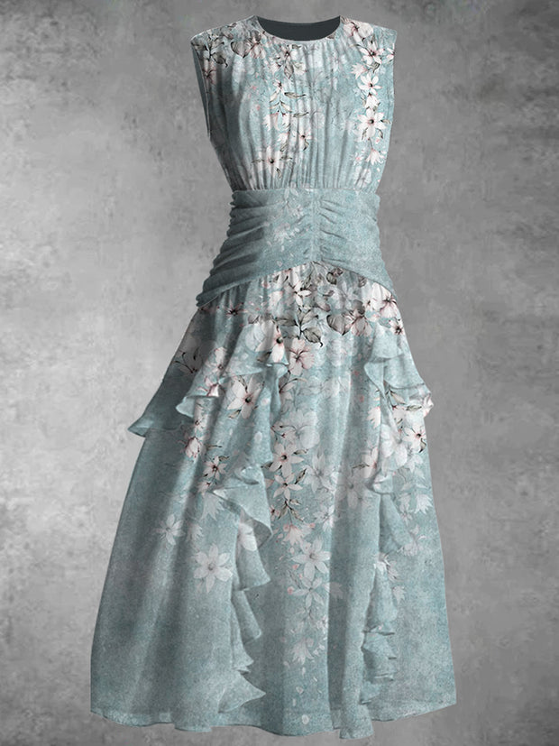 Retro Floral Print 50's Elegant Chic Chiffon Sleeveless Maxi Dress