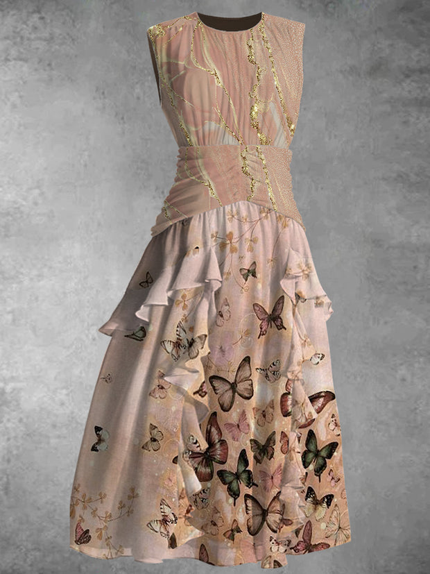 Retro Butterfly Print 50's Elegant Chic Chiffon Sleeveless Maxi Dress