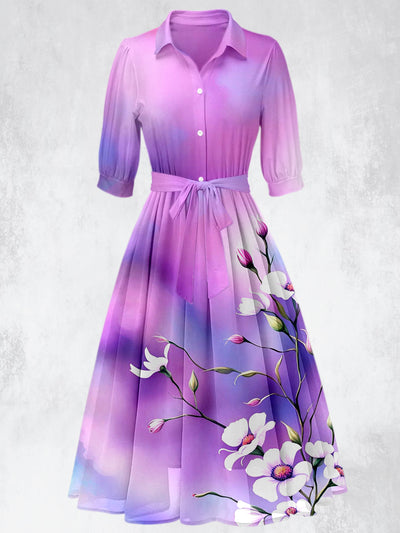 Retro Floral Print 50's Short Sleeve Lapel Collar Maxi Dress