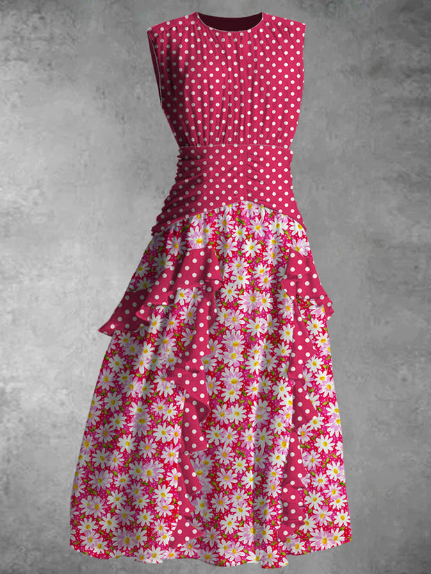 Retro Daisy Print 50's Elegant Chic Chiffon Sleeveless Maxi Dress