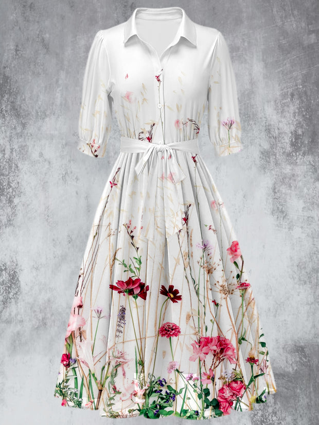 Retro Floral Print 50's Short Sleeve Lapel Collar Maxi Dress