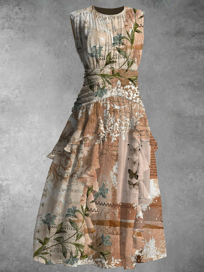 Retro Art Print 50's Elegant Chic Chiffon Sleeveless Maxi Dress