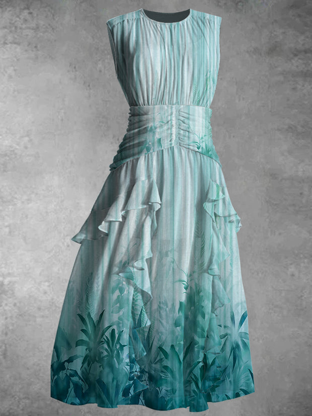 Retro Print 50's Elegant Chic Chiffon Sleeveless Maxi Dress