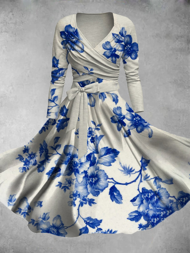 Abstract Floral Art Print Vintage V-Neck Long-Sleeved Flowy Midi Dress