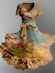 Retro Floral Print V-Neck Short Sleeve Two-Piece Midi Dress