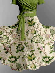 Retro Floral Art Print V-Neck Short Sleeve Two-Piece Midi Dress