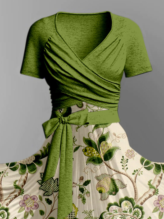 Retro Floral Art Print V-Neck Short Sleeve Two-Piece Midi Dress