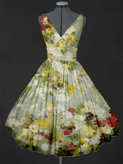 Abstract Color Print V-Neck 50's Vintage Sleeveless Midi Dress