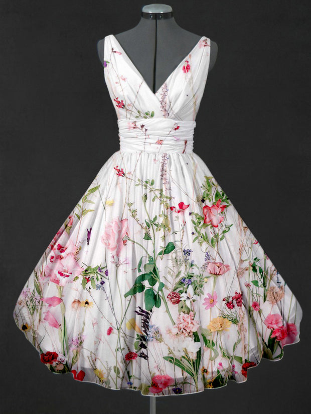 Retro Floral Print V-Neck 50's Sleeveless Multilayer Midi Dress