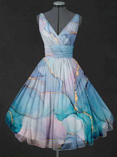 Abstract Color Print V-Neck 50's Vintage Elegant Sleeveless Midi Dress